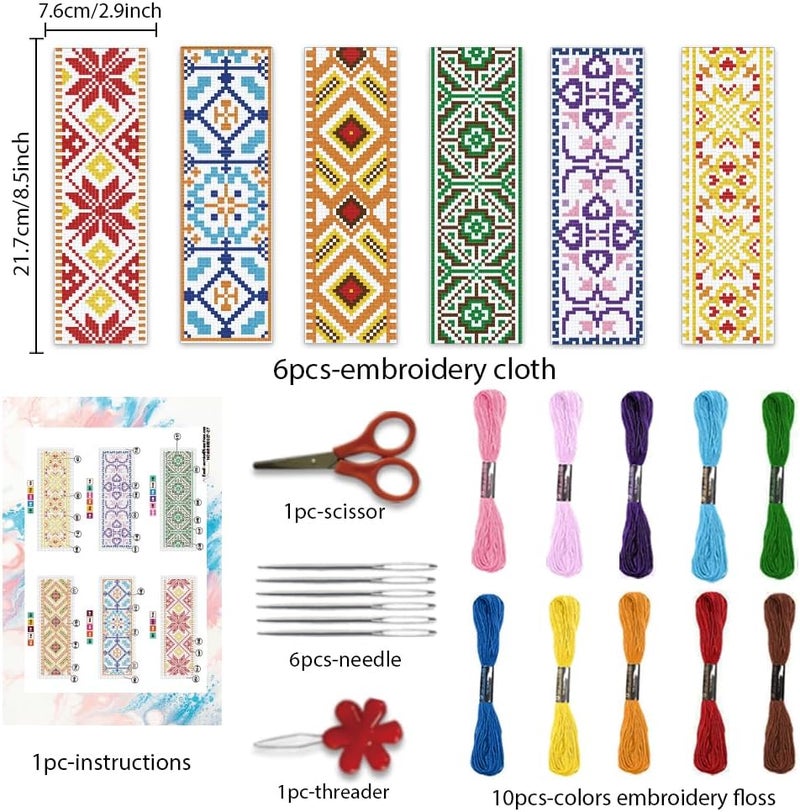 BEUNITONE 6 Pcs Vintage Cross Stitch Bookmark Kits for Beginner Floral Stamped Embroidery 8.5''x3'' - Image 2